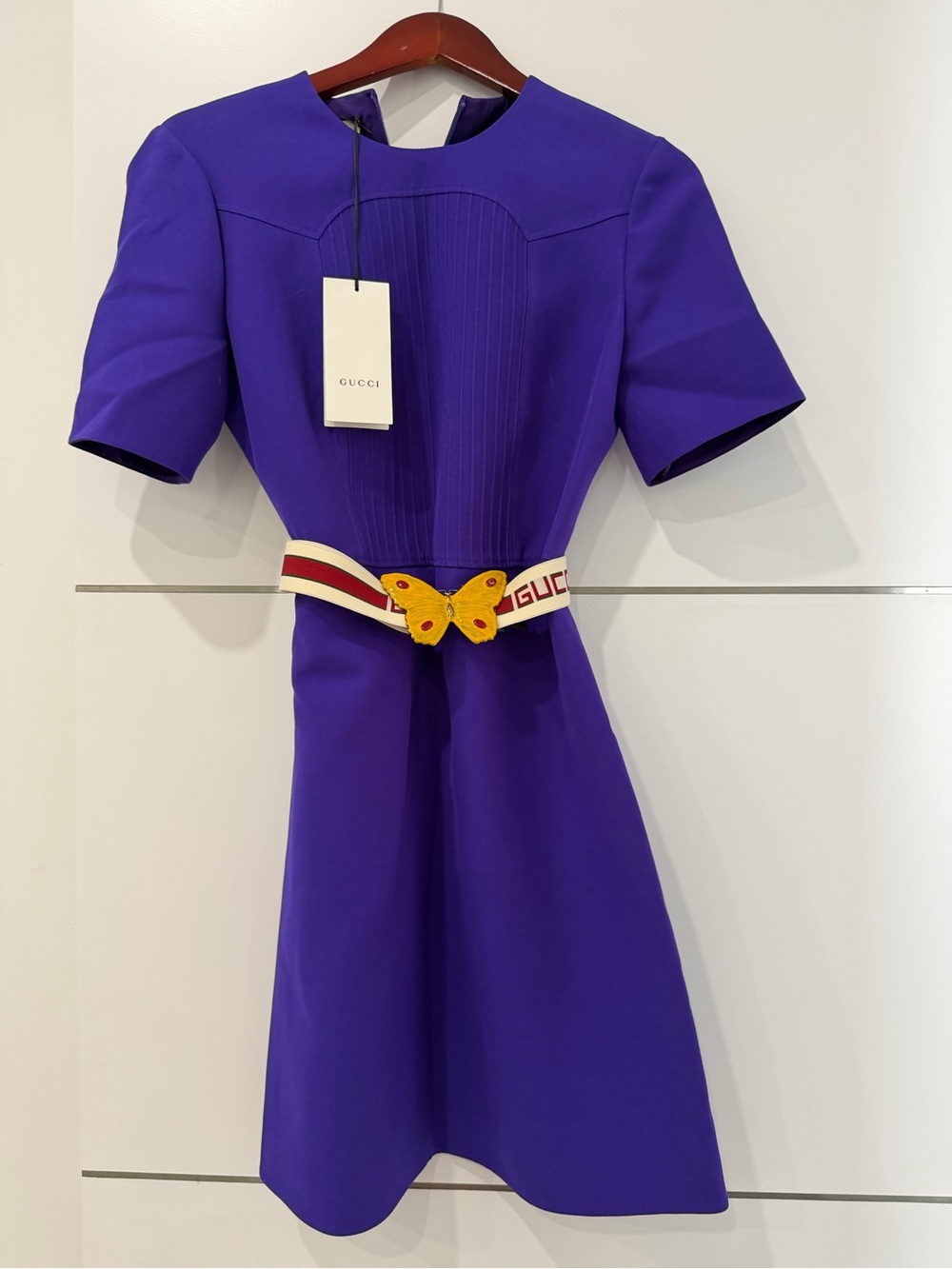 Gucci Violet Short-Sleeve A-Line Dress with Signature Butterfly Belt